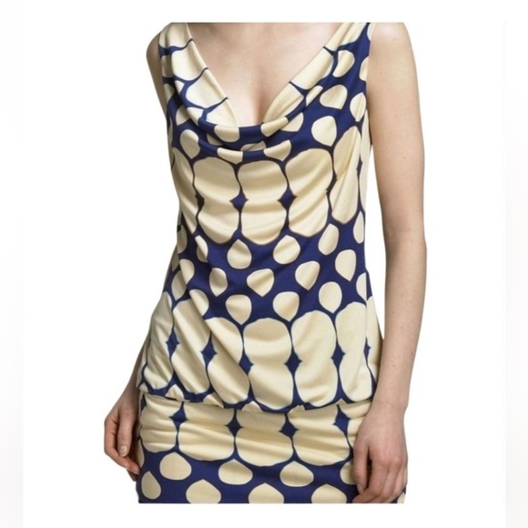Diane Von Furstenberg Silk Cowl Neck Drapey Tunic Blue Cream Top/Dress Small - Picture 2 of 5